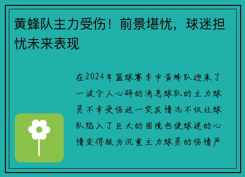 黄蜂队主力受伤！前景堪忧，球迷担忧未来表现