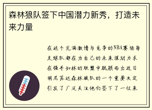 森林狼队签下中国潜力新秀，打造未来力量