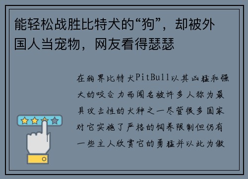 能轻松战胜比特犬的“狗”，却被外国人当宠物，网友看得瑟瑟