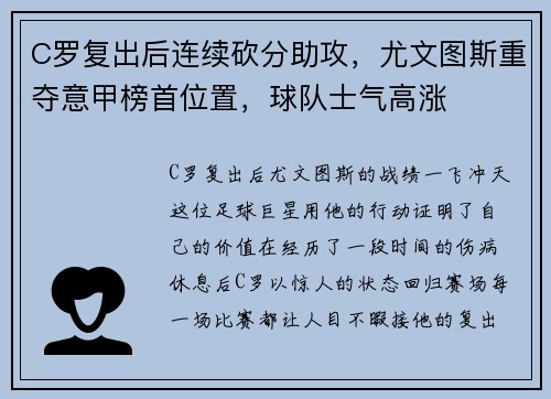 C罗复出后连续砍分助攻，尤文图斯重夺意甲榜首位置，球队士气高涨